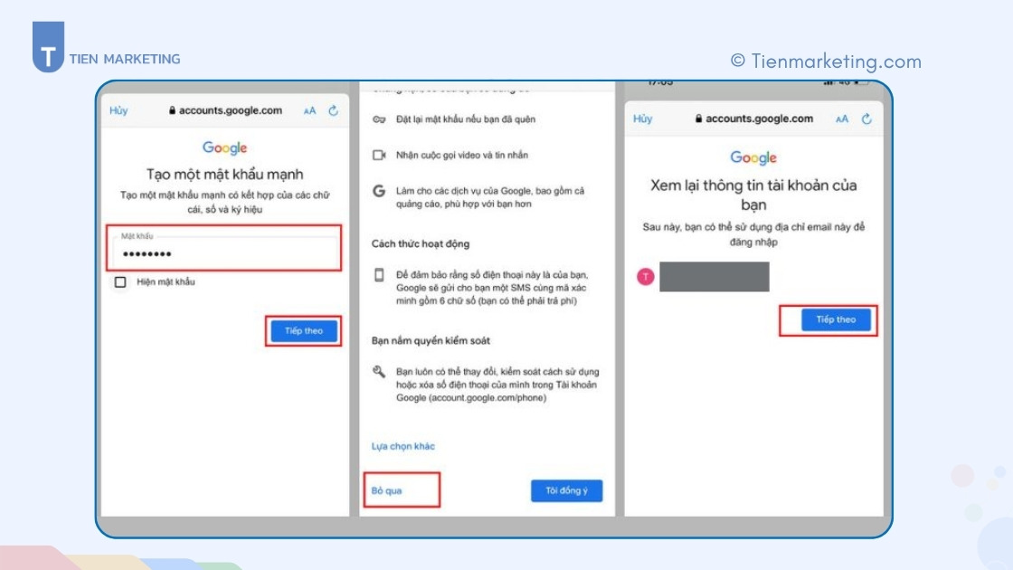 Cách tạo Gmail không cần số điện thoại nhanh chóng, đơn giản 2025 5 Ấn bỏ qua xác minh số điện thoại và ấn tiếp tục