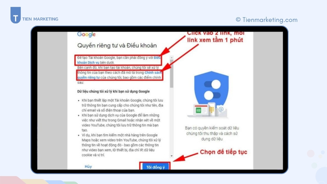 Cách tạo Gmail không cần số điện thoại nhanh chóng, đơn giản 2025 11 Click vào 2 link đầu tiên và để yên trong khoảng 1 phút => bấm Tôi đồng ý