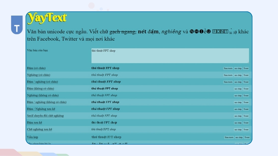 Hướng dẫn 8 cách đổi font chữ FB in đậm nghiêng đẹp nhất 2025 5 Đổi font chữ FB bằng YayText