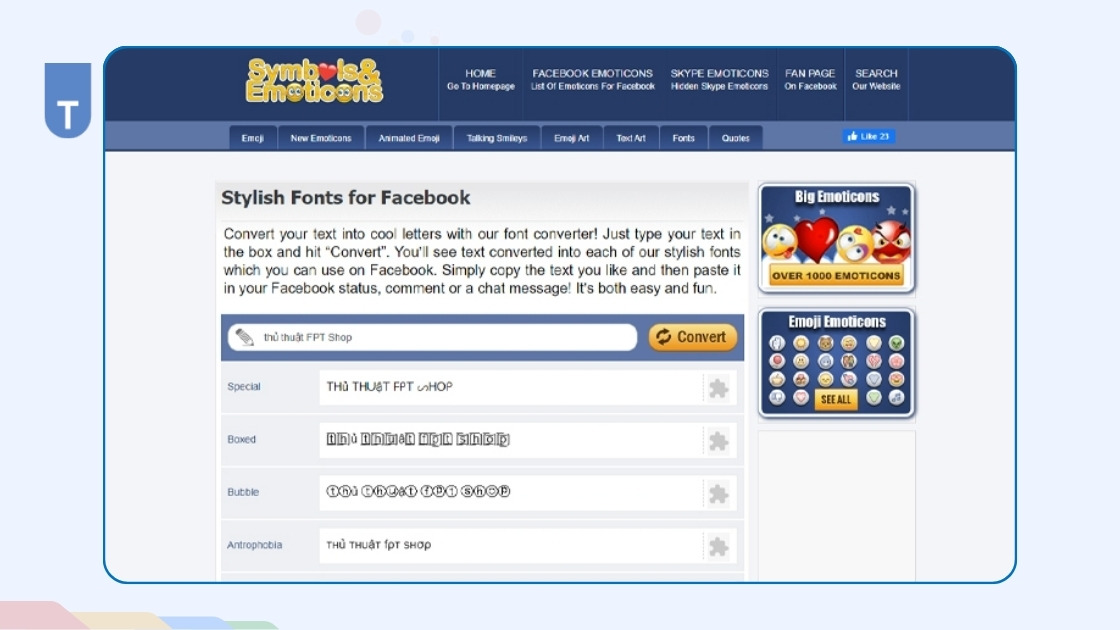 Đổi font chữ FB với Symbol and Emoticons