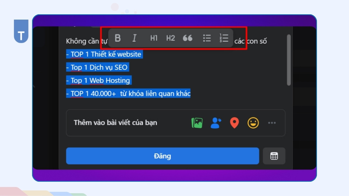 Hướng dẫn 8 cách đổi font chữ FB in đậm nghiêng đẹp nhất 2025 4 Dùng tính năng có sẵn của Facebook