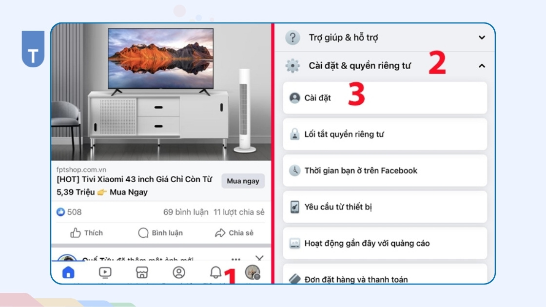 mở giao diện facebook cá nhân trên điện thoại và truy cập thông tin tài khoản
